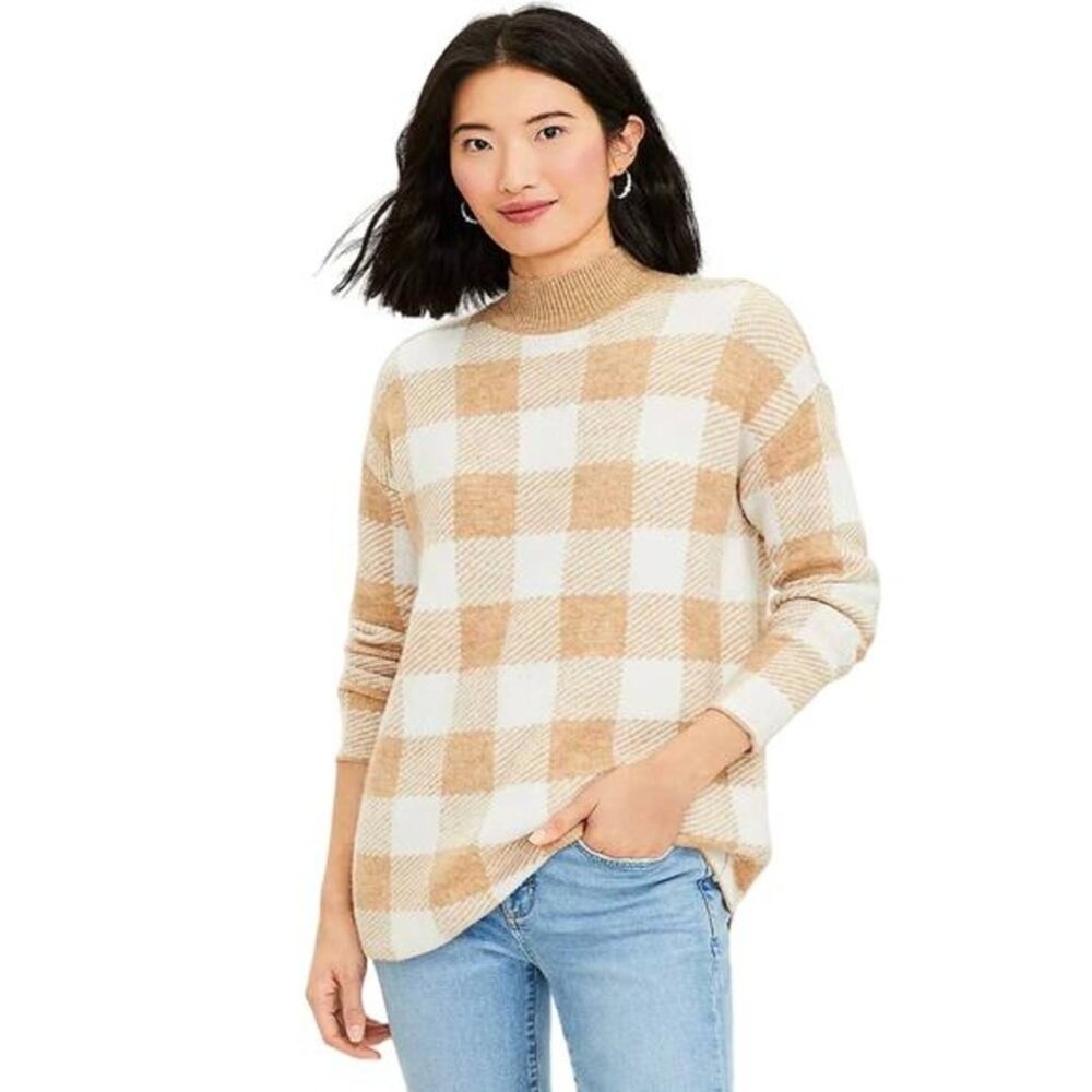 NWT Loft Mock Neck Buffalo Plaid Knit Sweater Tan White Cozy Oversized Size XL